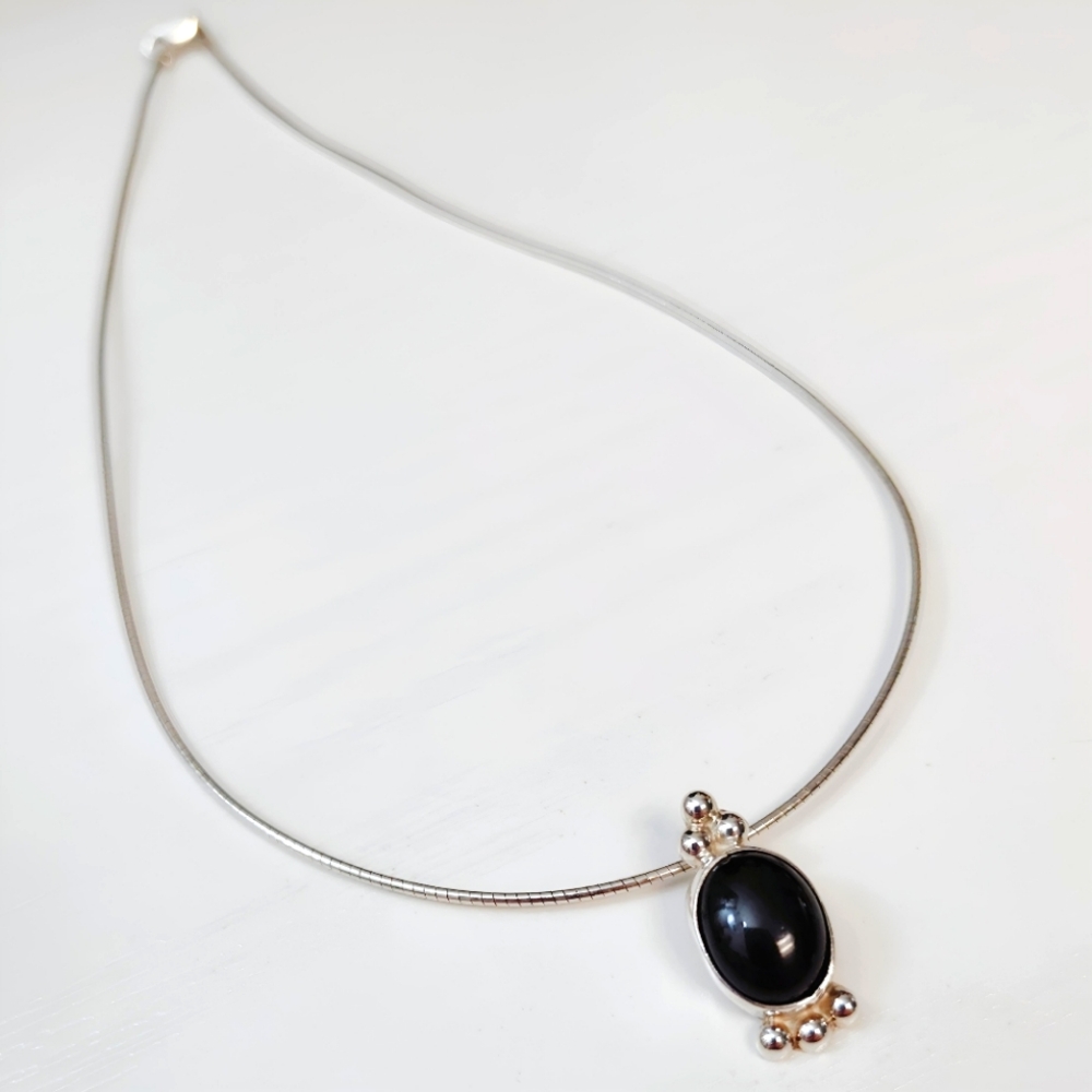 CARSI Taxco Sterling Silver Pebbled Oval Black Onyx Pendant Necklace 16" - Picture 3 of 13